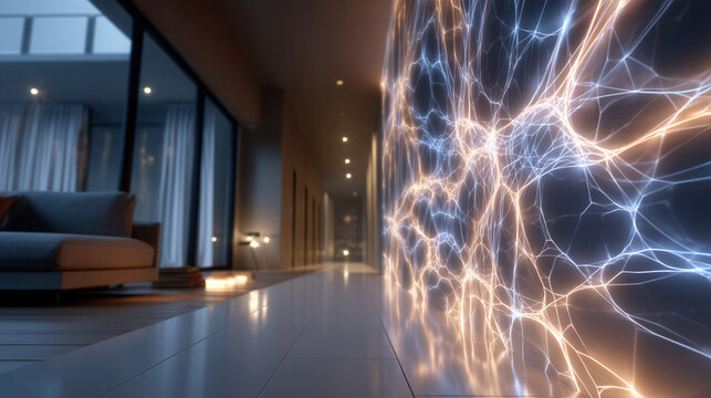 Futuristic smart home corridor glowing digital wall network