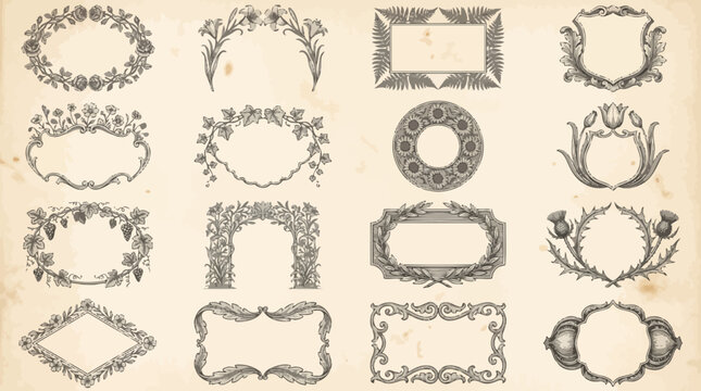Vintage antique ornamental borders, retro decorative frames set, elegant floral wreaths collection on old paper background. 16 engraved engraved outline styles for print, invitation, wedding