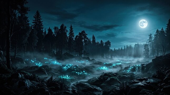 A spooky dark forest scene under a bright full moon perfect for a mysterious and eerie halloween background wallpaper