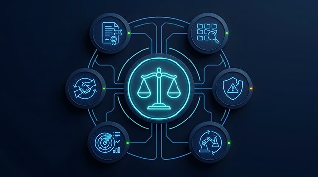 Digital dashboard with justice scale and interconnected icons for artificial intelligence governance compliance risk and ethical framework