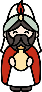 Cute Hand Drawn Wise Man with Gift Icon, Three Kings Nativity Christmas Illustration