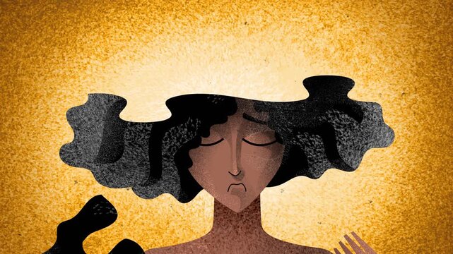 black woman constructing her head from jigsaw puzzle pieces