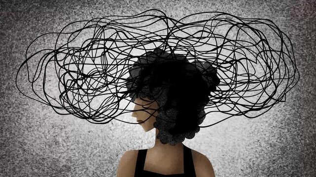 person overwhelmed by a cloud of tangled threads and thoughts