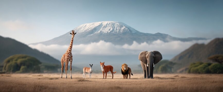 African savanna scene with giraffe, gazelle, fox, lion, and elephant, mountain backdrop