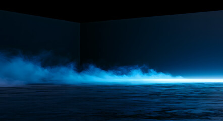 Fototapeta premium Mockup with an abstract background, showing a black wall and a smoky concrete floor, bathed in blue light.