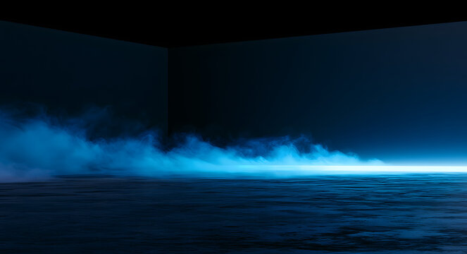 Mockup with an abstract background, showing a black wall and a smoky concrete floor, bathed in blue light.