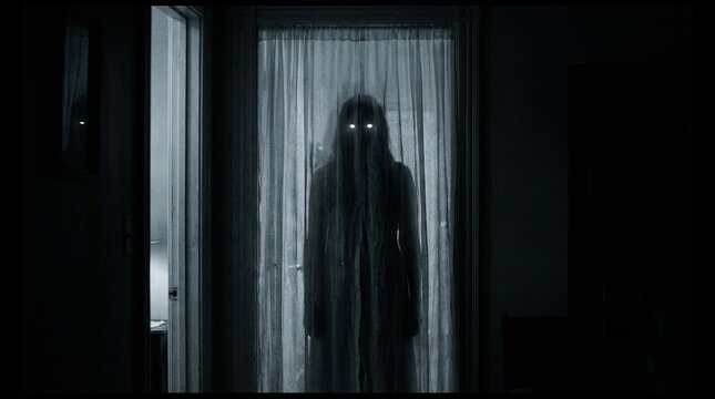 A chilling and unsettling image depicting a shadowy figure lurking behind curtains evoking a sense of dread and halloween night fear
