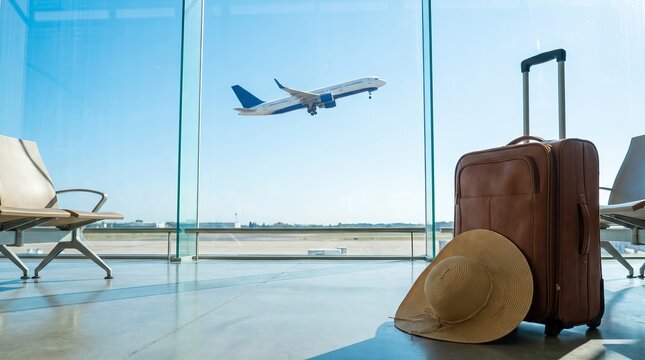 Passenger airplane take off behind a clear blue glass airport window, luggage suitcase and beach hat in foreground, travel vacation concept