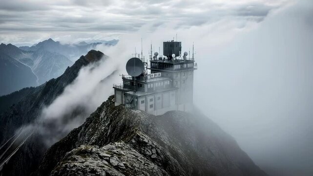 Military radar station on mountain peak engulfed in thick fog. Surveillance facility for strategic monitoring. Radio communication outpost in high altitude climate.