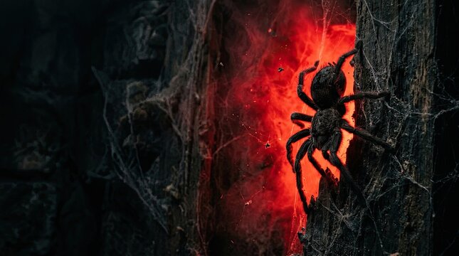 A chilling halloween night scene featuring a menacing spider silhouetted against a vibrant fiery and ominous red backdrop evoking fear