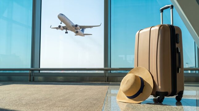 Passenger airplane take off behind a clear blue glass airport window, luggage suitcase and beach hat in foreground, travel vacation concept