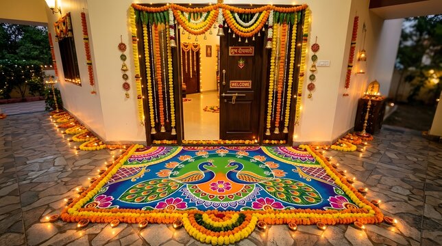 Beautiful diwali decoration with peacock rangoli and marigold flowers at house entrance