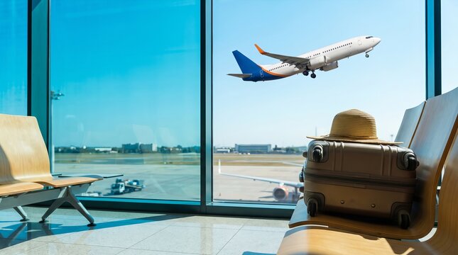 Passenger airplane take off behind a clear blue glass airport window, luggage suitcase and beach hat in foreground, travel vacation concept