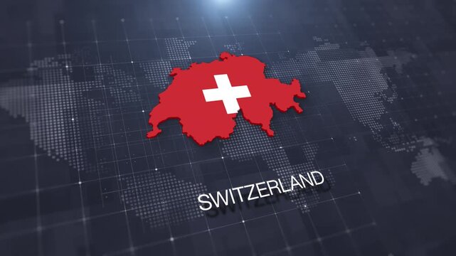 Switzerland map with national flag on digital world map background, geographic border, global political and international news concept