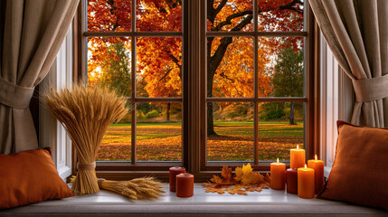 Fototapeta premium Autumn living room window with warm decor and fall park view