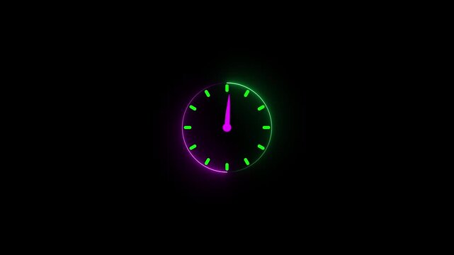 A vibrant neon clock face with a split glowing outline of pink and green and matching colored hands against a dark background representing dual time zones or contrasting