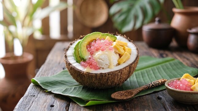 Traditional Indonesian Coconut Ice Cream Es Puter in Coconut Shell