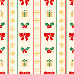 Obraz premium Festive Christmas seamless pattern with gifts, red bows, holly berries, snowflakes and stripes