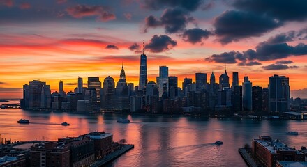 Fototapeta premium Vibrant sunset over a modern urban city skyline