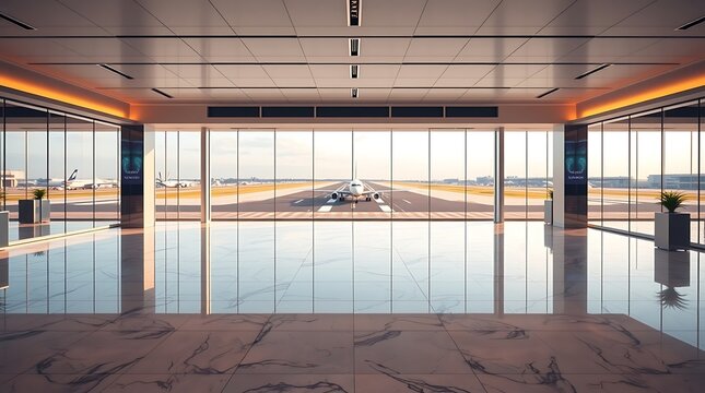 empty airport terminal interior with airplane on runway