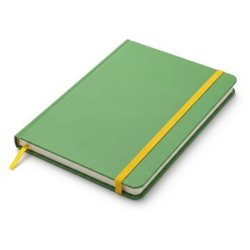 Green notebook with yellow strap isolated on white background