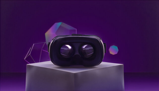 Virtual reality headset on a stone pedestal with purple background and neon glowing shapes