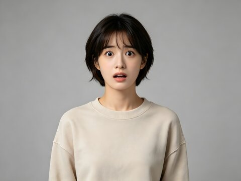 Surprised young woman with shocked expression on gray background