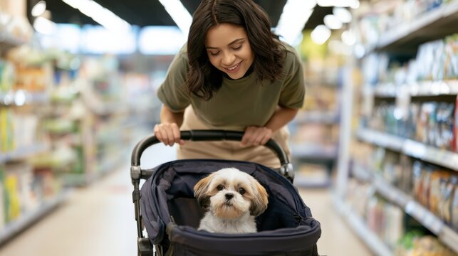 Woman with dark brown hair pushing pet stroller in grocery aisle with small dog inside