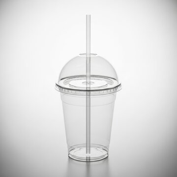 Clear plastic cup with straw isolated on white background