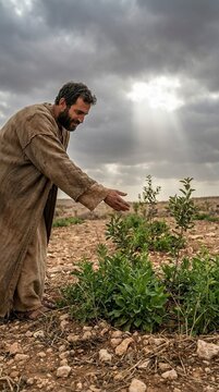 Adult middle eastern man in ancient linen robes, tending to small green plants in dry rocky soil, dramatic cloudy sky with light rays