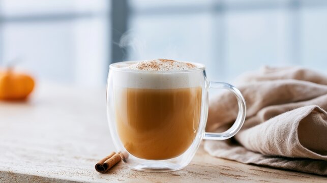 Transparent double wall glass cup with creamy pumpkin spice latte and cinnamon stick on wooden table