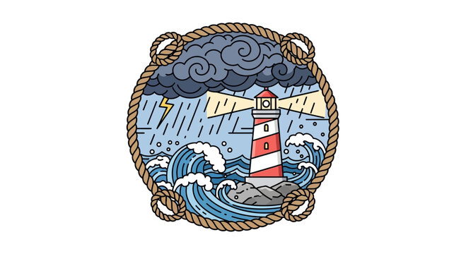 lighthouse in stormy weather with waves and rope border