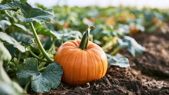 Deep orange pumpkin on green vine in organic farm soil surrounded by broad textured leaves