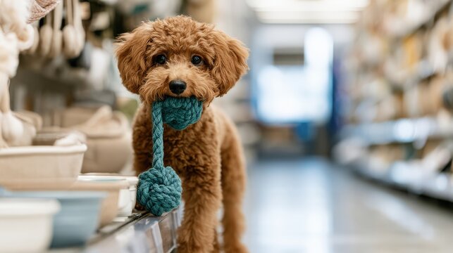 Reddish-brown miniature poodle with teal rope toy in pet store aisle, surrounded by pet supplies