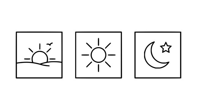Time of day icons set with sunrise, midday, and sunset silhouettes featuring minimal style with flat design and clean lines