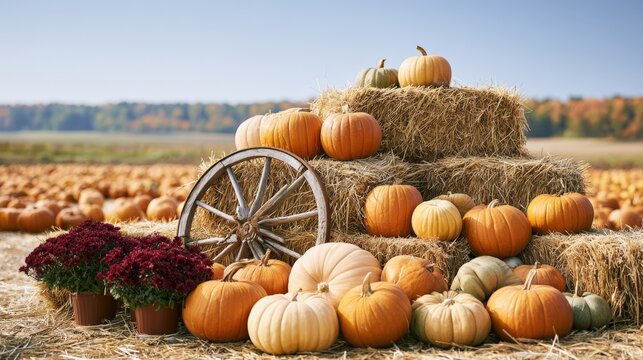 Autumn pumpkin farm display with varied pumpkins, hay bales, and burgundy chrysanthemums in rural setting