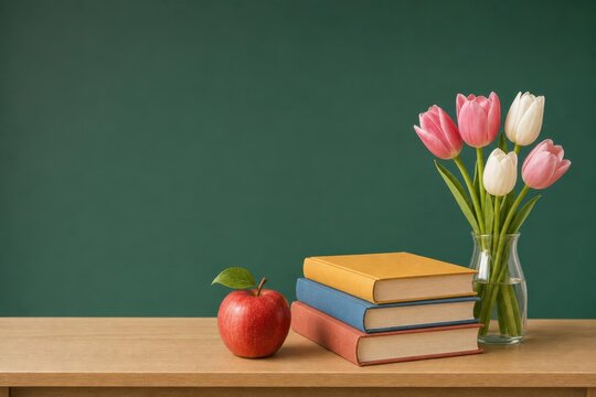 Colorful books and fresh tulips beside red apple on wooden table against green background