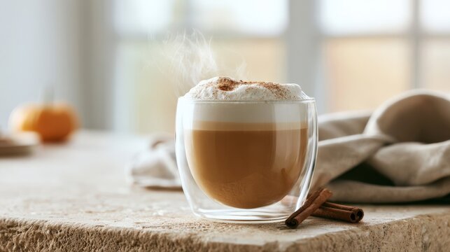 Transparent double wall glass cup with creamy pumpkin spice latte and cinnamon stick on stone countertop