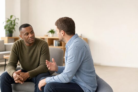 Two men engaged in conversation while seated in modern office lounge area with plants