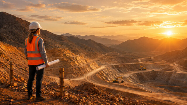 Mining engineer surveying open pit mine at sunset with rugged mountain landscape