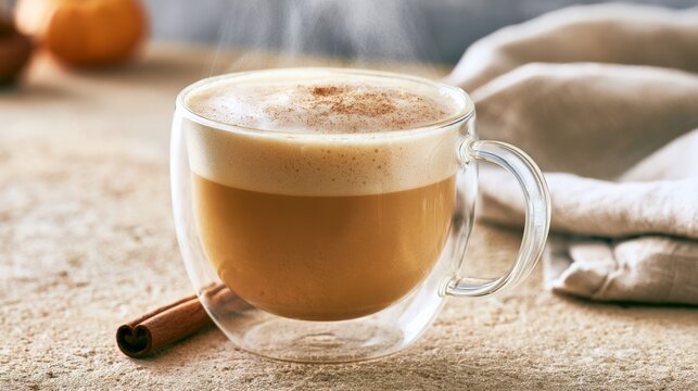 Transparent double wall glass cup with creamy pumpkin spice latte and cinnamon stick on wooden surface