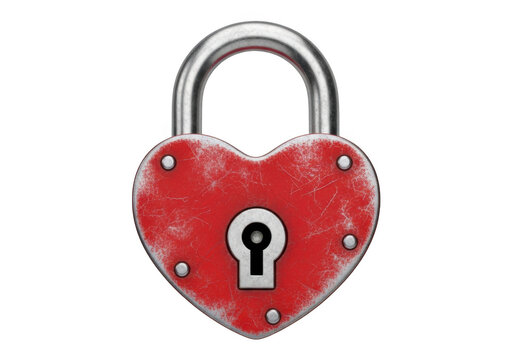 Red heart shaped metal padlock for love and security isolated on transparent background