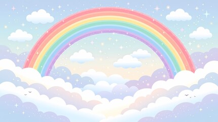 Fototapeta premium Colorful rainbow arching over fluffy clouds in a bright blue sky.