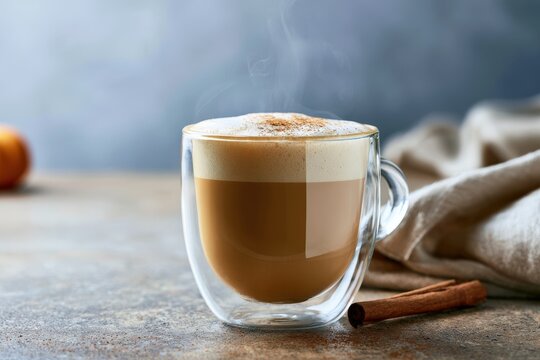 Transparent double wall glass cup with creamy pumpkin spice latte and cinnamon stick on rustic table