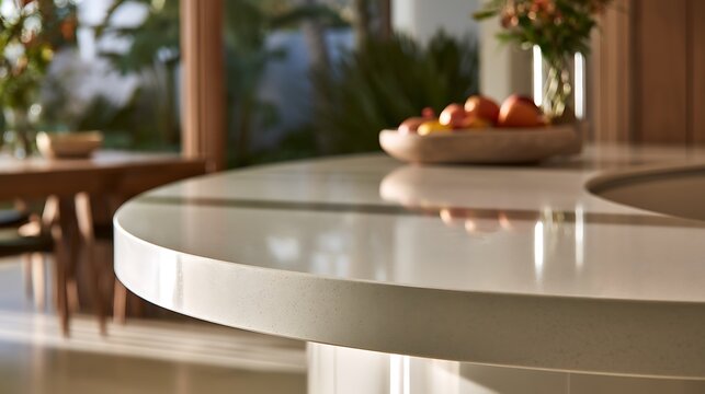 Modern kitchen island with white quartz countertop and fruit bowl.