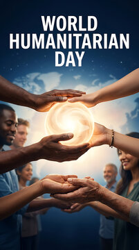 World humanitarian day group of diverse people holding a glowing earth sphere