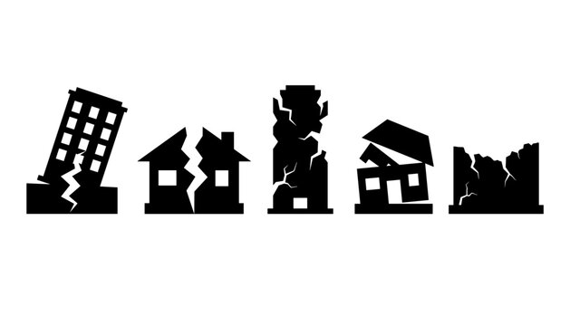 Earthquake natural disaster and property damage icons vector set featuring destroyed houses cracked building walls and collapsed skyscraper silhouettes.