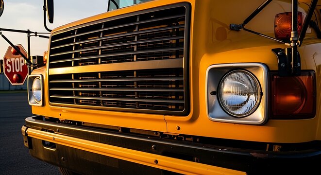 Front profile of a yellow school bus with stop sign