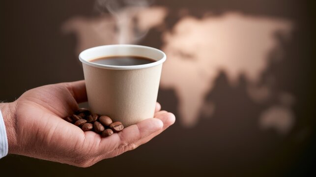 Human hand holding matte ceramic takeaway coffee cup with black coffee and roasted beans, world map backdrop