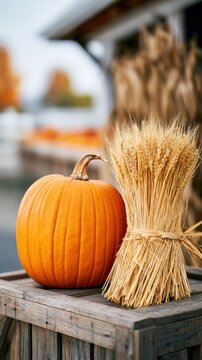 Flawless orange pumpkin on rustic wooden crate beside golden wheat bundle in autumn setting